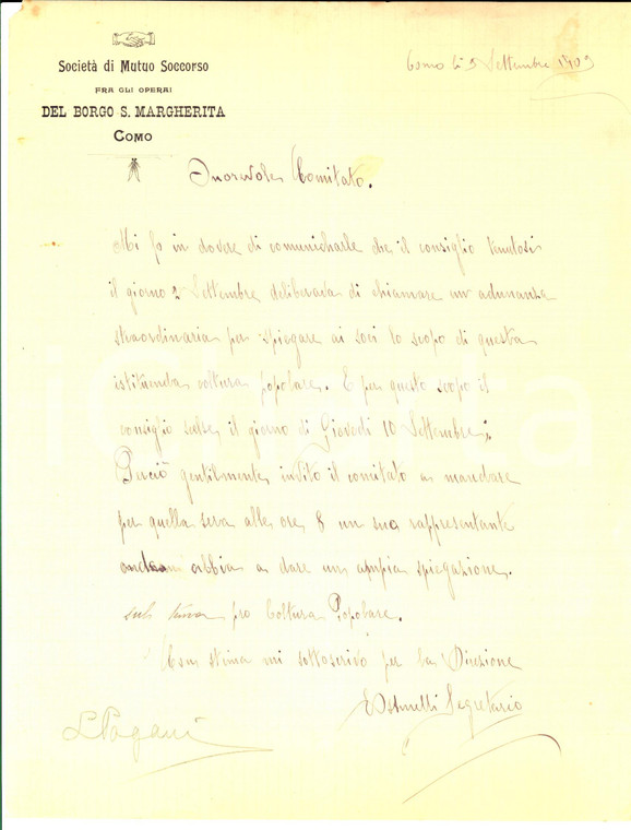 1909 COMO Lettera della Società di Mutuo Soccorso operai BORGO S. MARGHERITA