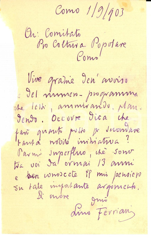1903 COMO Lino FERRIANI ringrazia per un programma *AUTOGRAFO