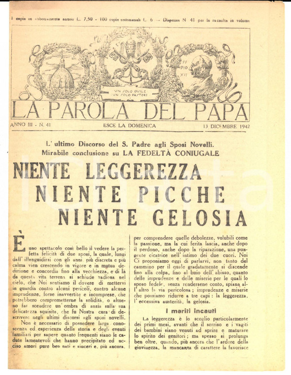 1942 LA PAROLA DEL PAPA Niente picche, niente gelosia *Bollettino anno III n°41