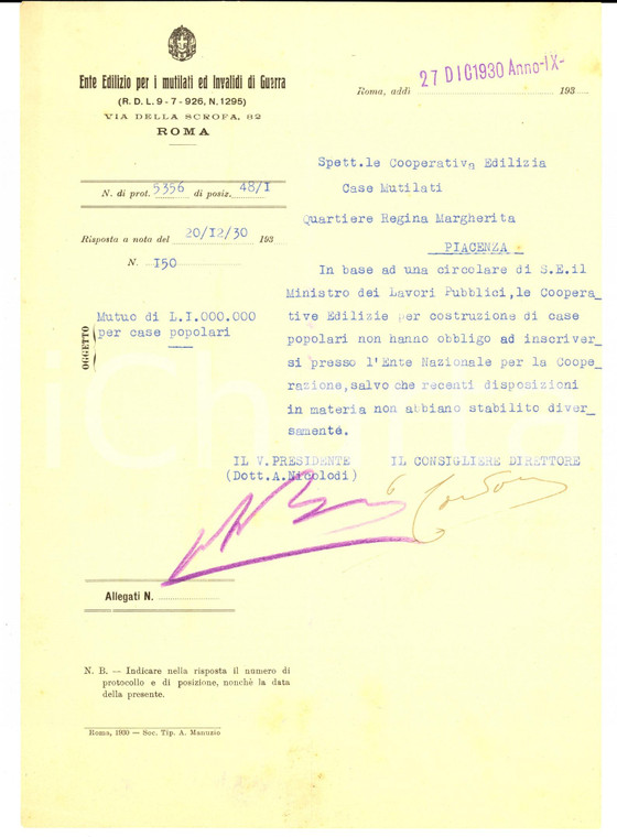 1930 ROMA Ente Edilizio per i Mutilati ed Invalidi di Guerra sulle cooperative