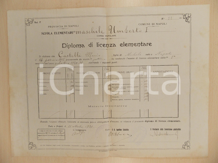 1921 NAPOLI Scuola Elementare UMBERTO I Licenza per Mario CASTELLI
