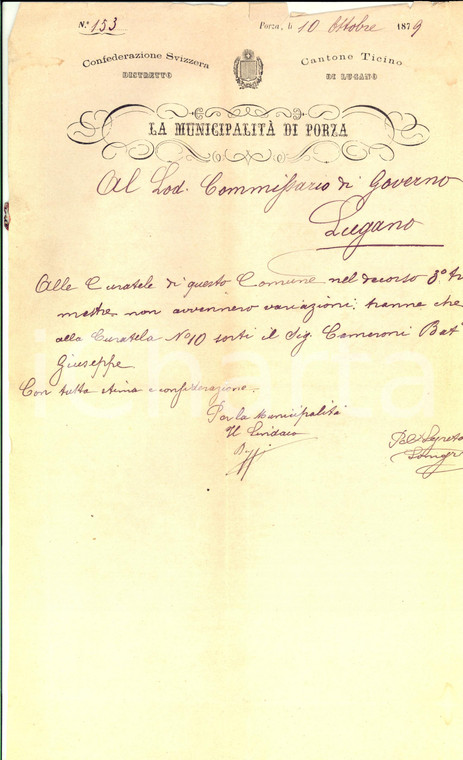 1879 PORZA (CH) Lettera sulle curatele del territorio *Prefilatelica