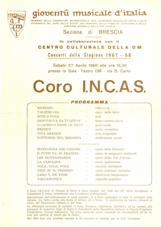 1967 BRESCIA Gioventù Musicale d'ITALIA Coro I.N.C.A.S. *Volantino con programma