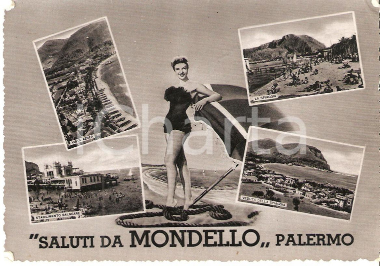 1956 MONDELLO (PA) Pin-up sulla spiaggia Vedutine del lido *Cartolina FG VG