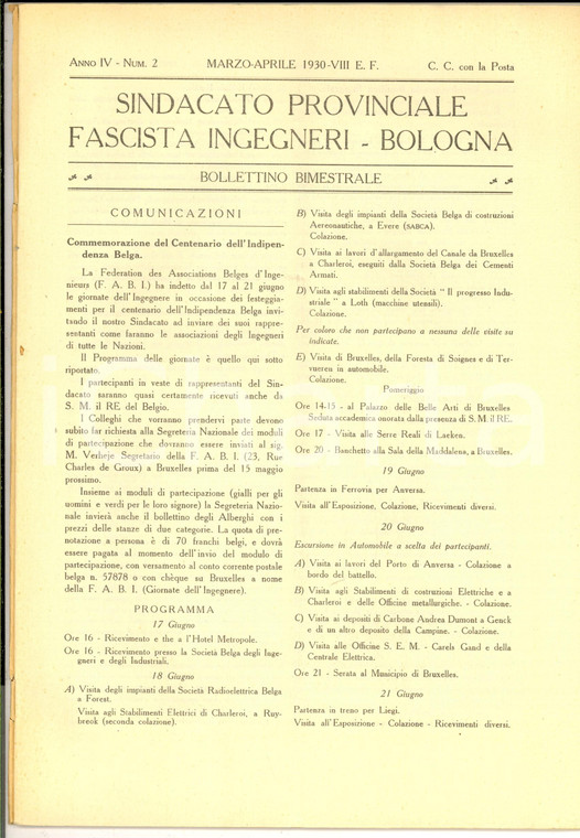 1930 BOLOGNA Sindacato Provinciale Fascista Ingegneri Costruzioni Ferroviarie