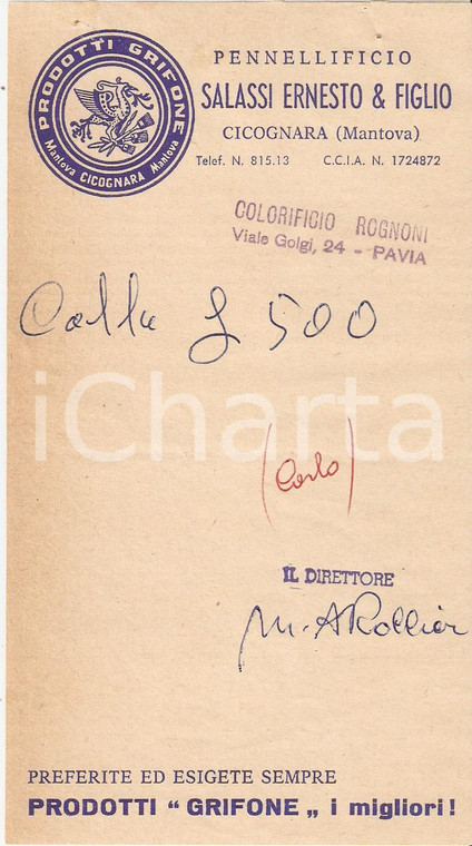 1955 ca CICOGNARA (MN) Pennellificio SALASSI Prodotti GRIFONE *Ricevuta 10x17 cm