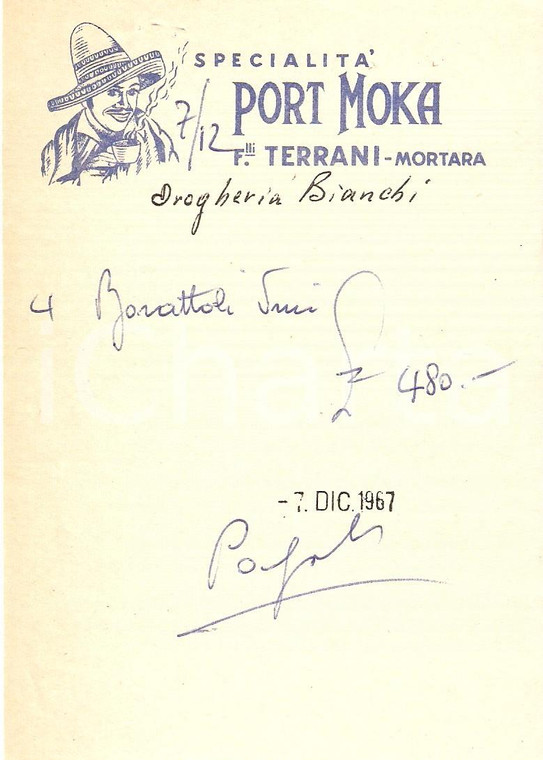 1967 MORTARA (PV) Ditta Fratelli TERRANI Caffè PORT MOKA *Ricevuta 10x14 cm