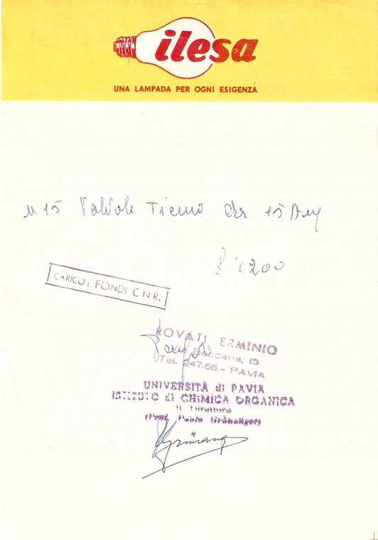 1965 ca PAVIA Elettricista Erminio ROVATI Lampadine ILESA *Ricevuta 12x17 cm