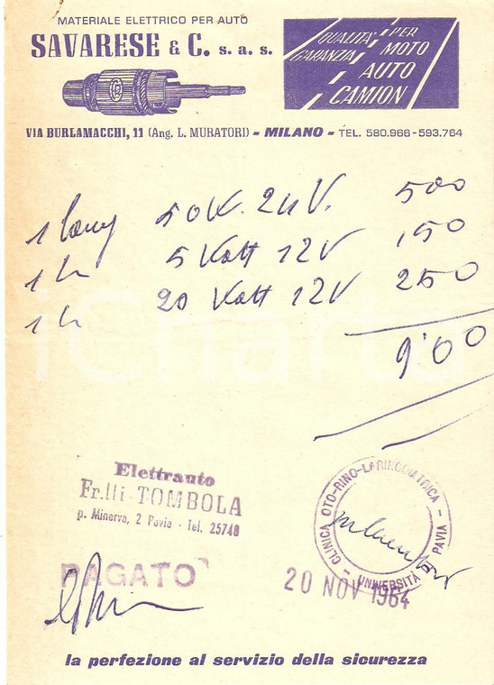 1964 MILANO Materiale elettrico per auto SAVARESE *Ricevuta ILLUSTRATA 12x17 cm