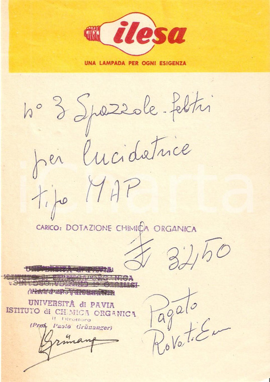 1965 ca PUBBLICITA' Lampadine ILESA *Ricevuta ILLUSTRATA 12x17 cm