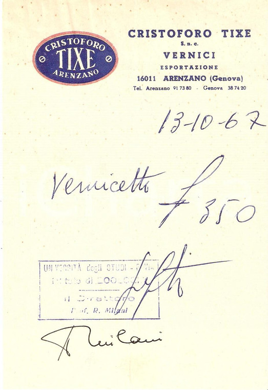1967 ARENZANO (GE) Vernici Cristoforo TIXE *Ricevuta 11x17 cm