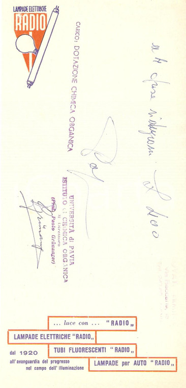 1965 ca PAVIA Elettricista Erminio ROVATI Tubi fluorescenti RADIO Ricevuta 10x21