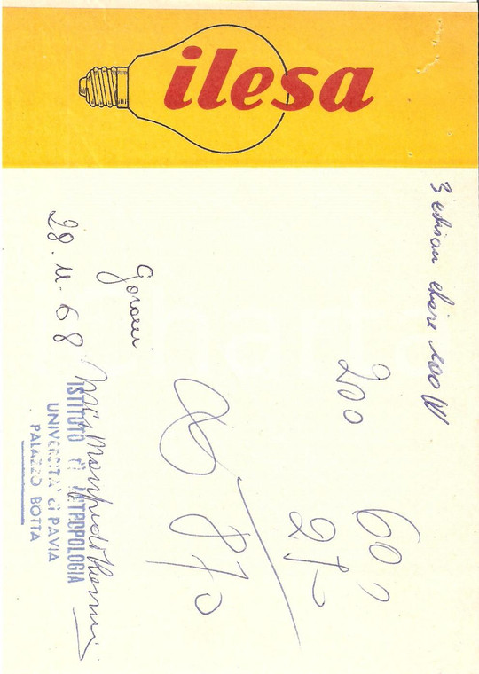 1968 PUBBLICITA' Lampadine ILESA *Ricevuta 12x17 cm