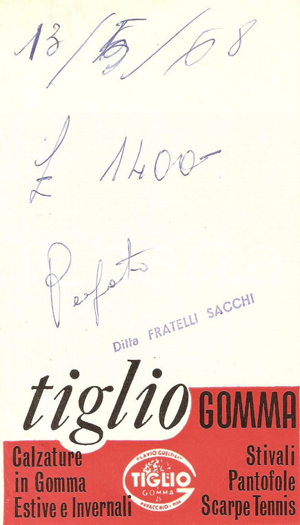 1968 NAVACCHIO DI CASCINA (PI) Calzature in gomma TIGLIO *Ricevuta 10x17 cm