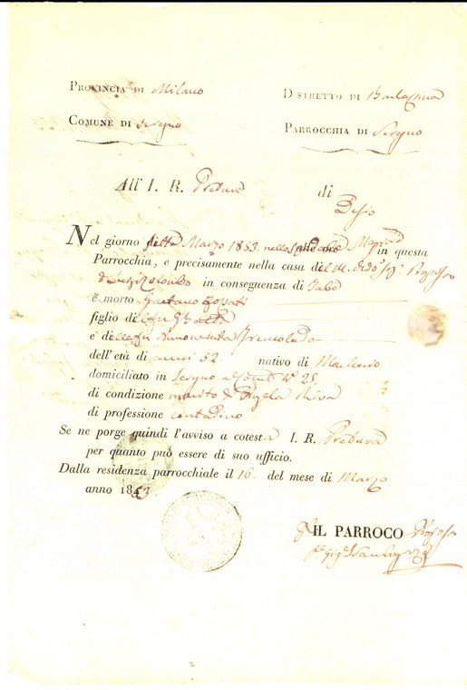 1853 SEREGNO (MB) Certificato di morte di Gaetano FOSSATI contadino