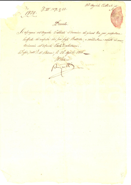 1856 DESIO (MB) Intimazione ad Angela CABBIATI per fede nascita dei figli