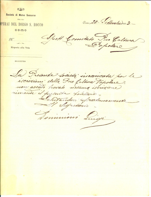 1903 COMO Lettera Società di Mutuo Soccorso Operai del BORGO SAN ROCCO