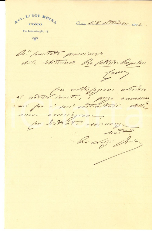 1903 COMO Avv. Luigi REINA sostiene associazione PRO COLTURA