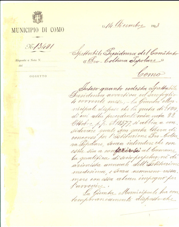 1903 COMO Versamento di quote al comitato PRO COLTURA POPOLARE