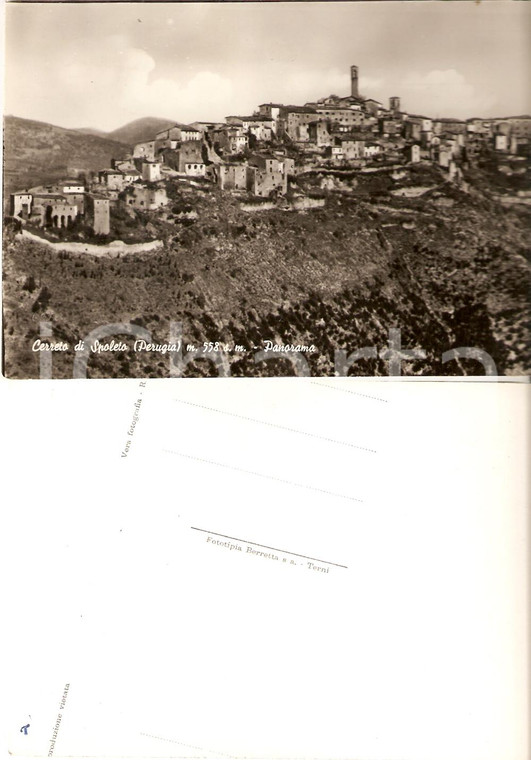1950 ca CERRETO DI SPOLETO (PG) Panorama con DIFETTO DI STAMPA Cartolina RARA FG