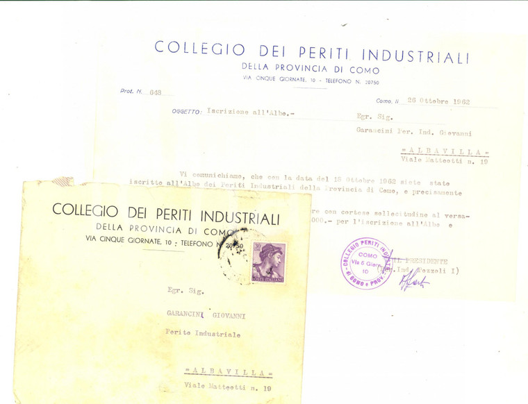1962 COMO Collegio dei Periti Industriali - Lettera per iscrizione all'albo
