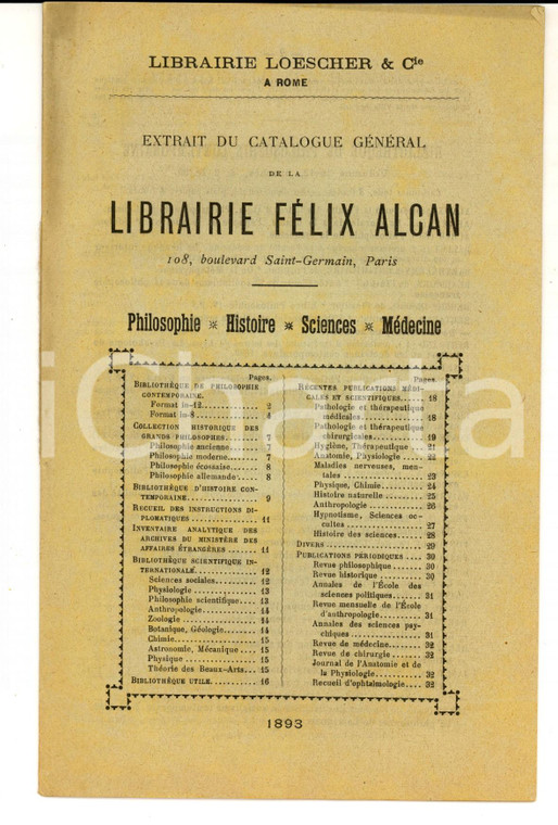 1893 PARIS Librairie Félix ALCAN Extrait catalogue géneral - LOESCHER ROME