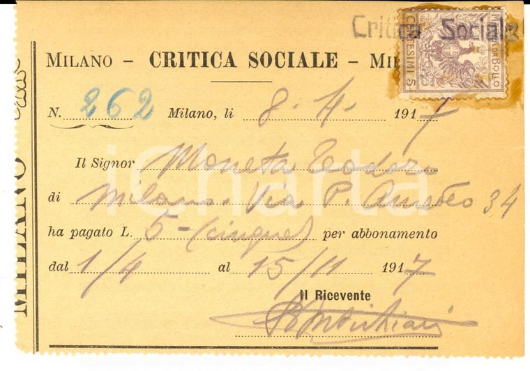 1917 MILANO CRITICA SOCIALE Abbonamento conte Diego MELZI *Ricevuta