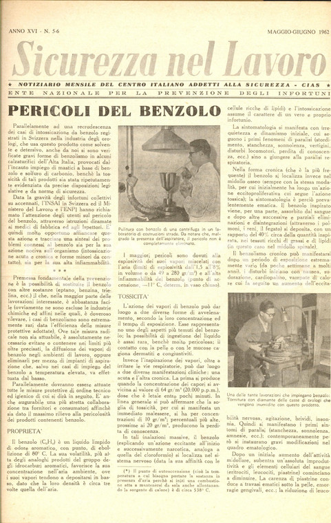 1962 SICUREZZA NEL LAVORO Pericoli del benzolo *Rivista anno XVI n°5-6