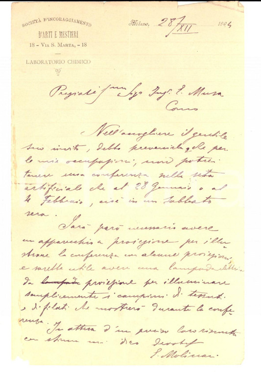 1904 MILANO Lettera Società Incoraggiamento ARTI E MESTIERI Chimico MOLINARI