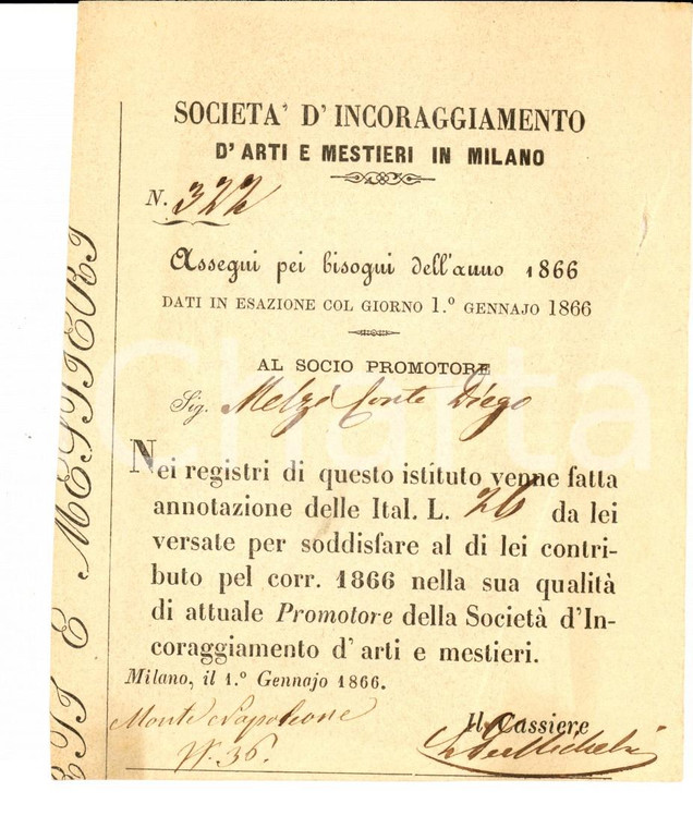 1866 MILANO Società Incoraggiamento Arti e Mestieri *Ricevuta conte Diego MELZI
