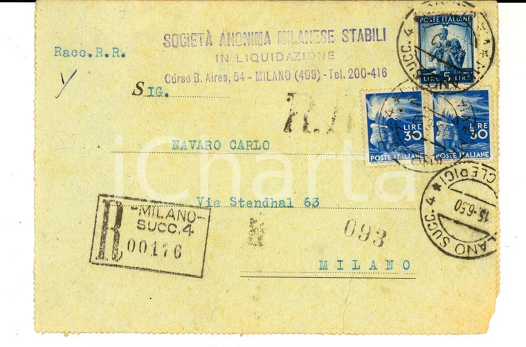 1950 MILANO STORIA POSTALE REPUBBLICA Raccomandata L. 30 + L. 5