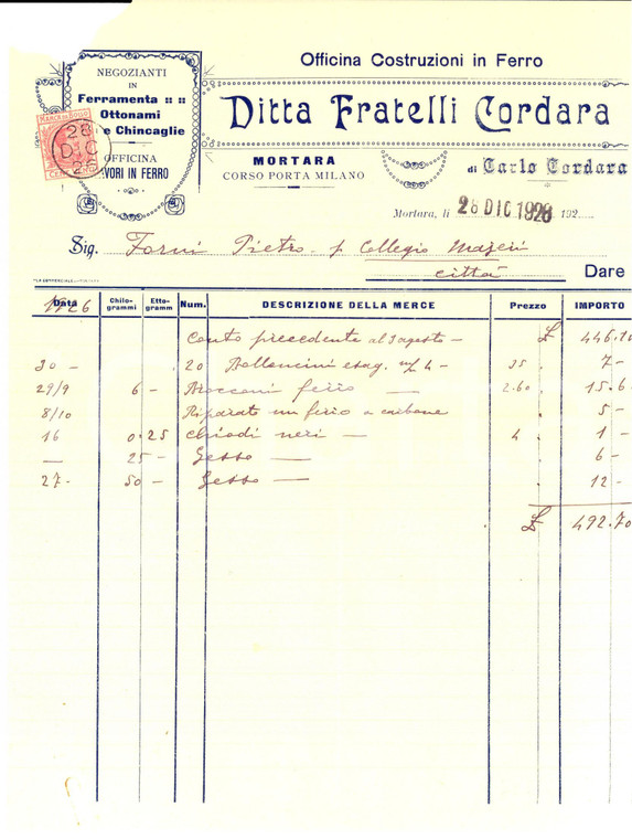 1928 MORTARA (PV)  Ditta Fratelli CORDARA Ferramenta e chincaglie *Fattura 