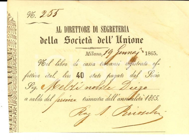 1865 MILANO Abbonamento a Società dell'Unione Conte Diego MELZI *Ricevuta