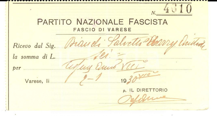 1930 PNF FASCIO DI VARESE Ricevuta per tessera Harry Aristide BIANCHI SALVETTI 