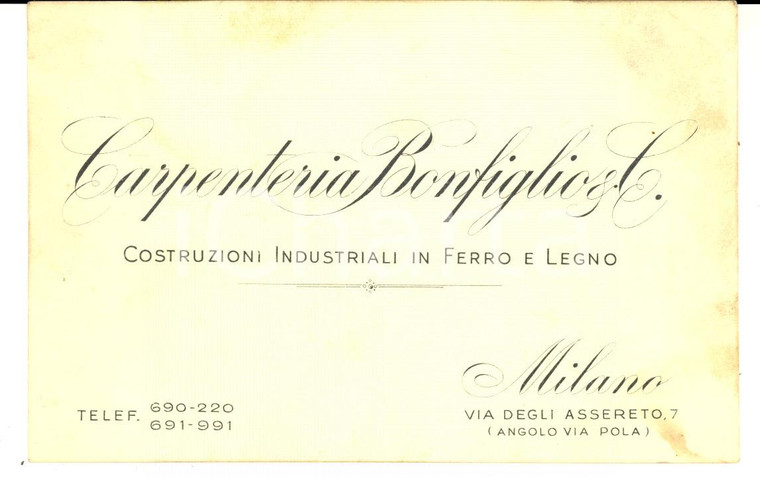 1940 MILANO Carpenteria BONFIGLIO & C. Costruzioni in ferro e legno *Cartoncino
