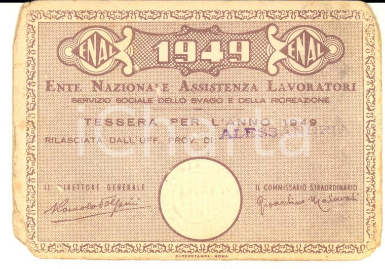 1949 ALESSANDRIA Ente Nazionale Assistenza Lavoratori - Tessera Luigi CARRARA