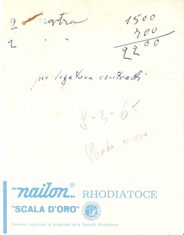 1965 ca RODHIATOCE Nylon Scala d'oro *Ricevuta 11x14 cm
