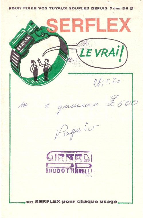 1970 PAVIA (?) Morsetti SERFLEX Ditta GIRARDI Prodotti PIRELLI Ricevuta 13x20 cm