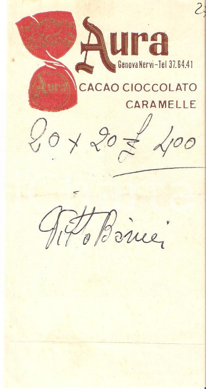 1965 ca GENOVA - NERVI Cioccolato AURA Cacao Caramelle *Ricevuta 8x15 cm