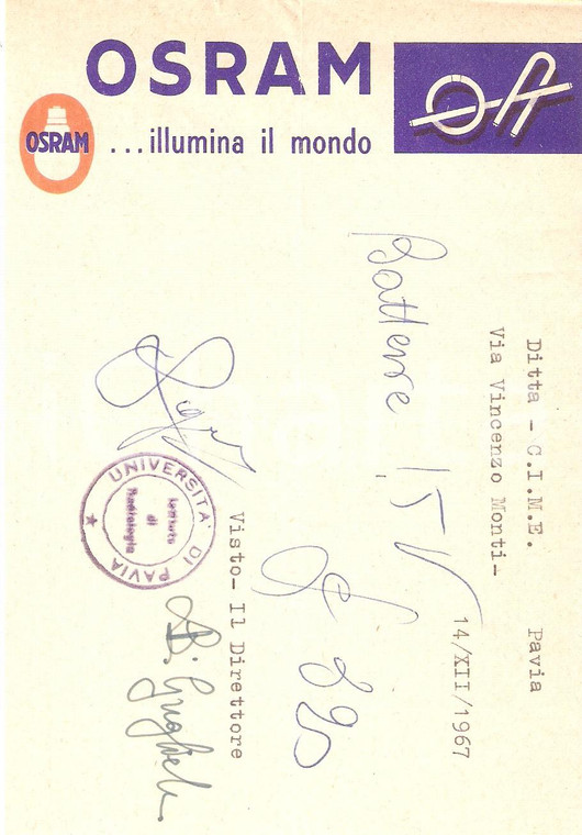 1965 ca PAVIA Ditta CIME Lampadine OSRAM *Ricevuta ILLUSTRATA 12x16 cm