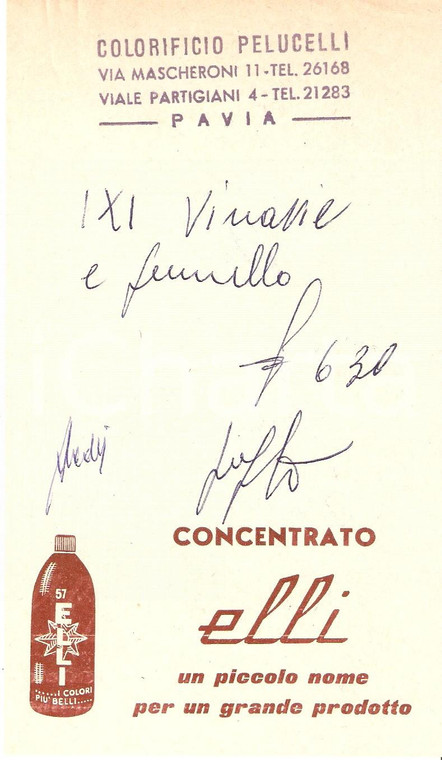 1968 PAVIA Colorificio PELLUCELLI Concentrato ELLI Vernici *Ricevuta 10x15 cm