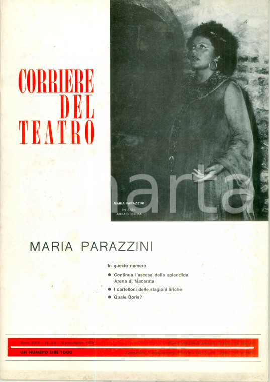 1978 CORRIERE DEL TEATRO Maria PARAZZINI Ascesa dell'Arena di MACERATA *Rivista