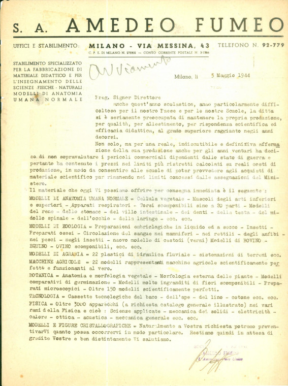 1944 MILANO RSI Società Anonima Amedeo FUMEO Fabbricazione materiale didattico
