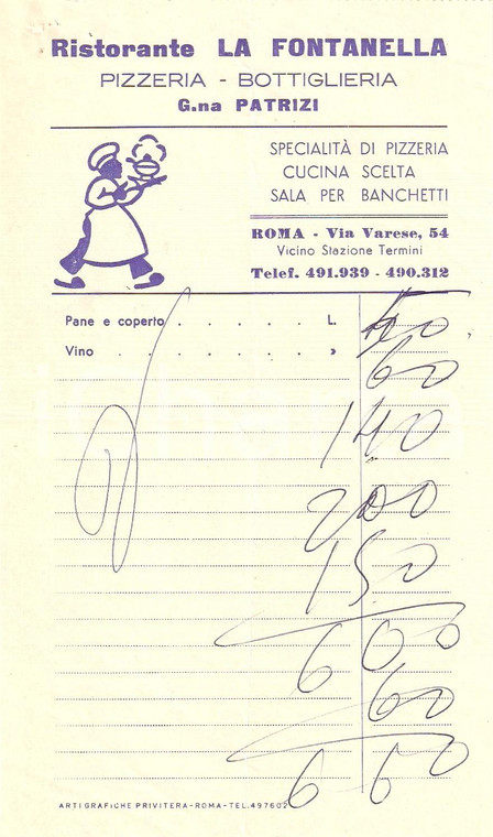 1960 ca ROMA Ristorante LA FONTANELLA Pizzeria Bottiglieria *Ricevuta ILLUSTRATA