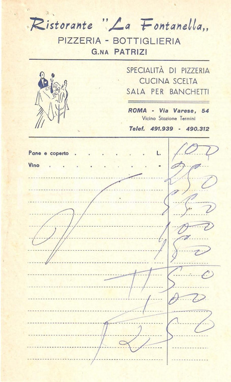 1960 ca ROMA Ristorante LA FONTANELLA Pizzeria Bottiglieria Ricevuta ILLUSTRATA