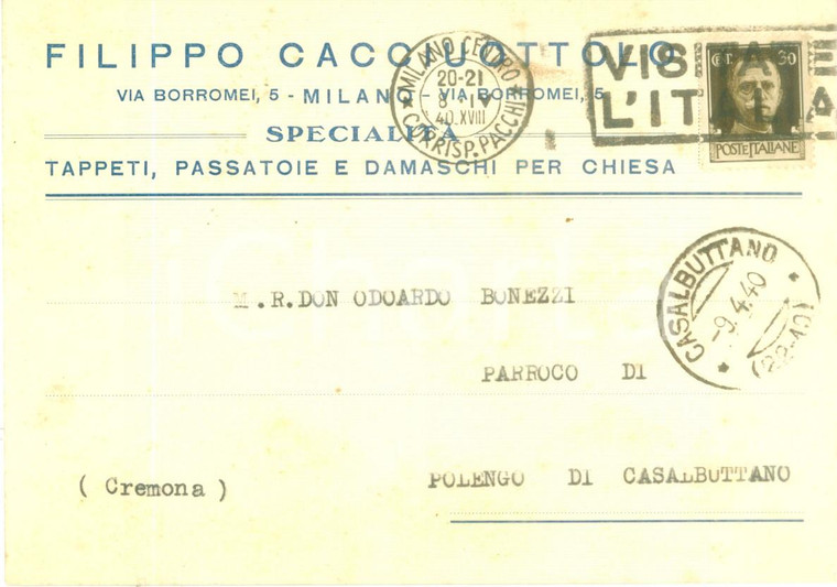 1940 MILANO Filippo CACCIUOTTOLO Tappeti passatoie damaschi *Cartolina FG VG