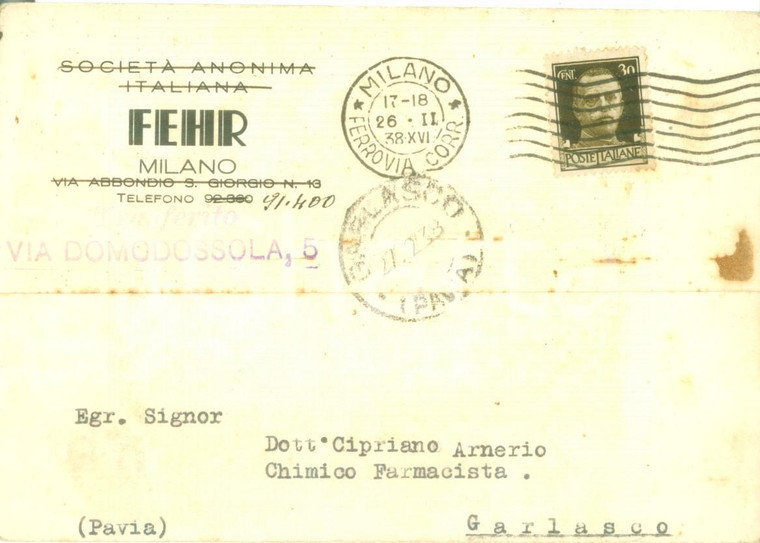 1938 MILANO Società Anonima Italiana FEHR fornisce lampada quarzo *Cartolina