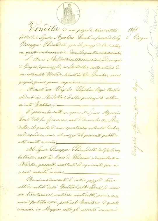 1866 STRADELLA (PV) Agostino CONTI vende terreno a Giuseppe GHILARDI Manoscritto