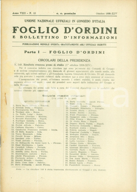 1936 ROMA U.N.U.C.I. Foglio d'ordini Disposizioni sui movimenti degli ufficiali