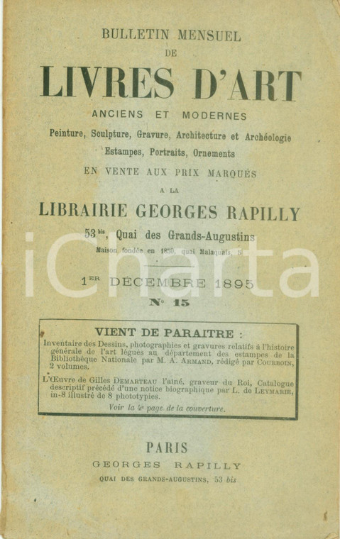 1895 PARIS Bulletin mensuel de livres d'art en vente chez RAPILLY